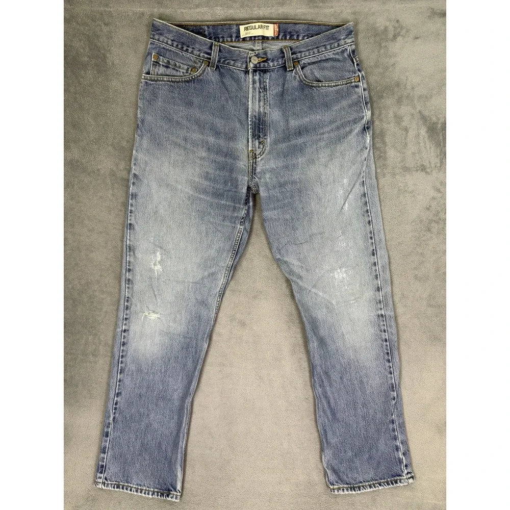 Levis 505 Jeans Mens 36x32 Blue Light Wash Denim Straight Mid Rise Workwear